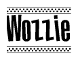   The clipart image displays the text Wozzie in a bold, stylized font. It is enclosed in a rectangular border with a checkerboard pattern running below and above the text, similar to a finish line in racing.  