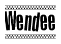 The image contains the text Wendee in a bold, stylized font, with a checkered flag pattern bordering the top and bottom of the text.