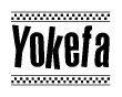 The image is a black and white clipart of the text Yokefa in a bold, italicized font. The text is bordered by a dotted line on the top and bottom, and there are checkered flags positioned at both ends of the text, usually associated with racing or finishing lines.