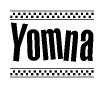 The image is a black and white clipart of the text Yomna in a bold, italicized font. The text is bordered by a dotted line on the top and bottom, and there are checkered flags positioned at both ends of the text, usually associated with racing or finishing lines.