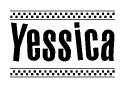 The image is a black and white clipart of the text Yessica in a bold, italicized font. The text is bordered by a dotted line on the top and bottom, and there are checkered flags positioned at both ends of the text, usually associated with racing or finishing lines.
