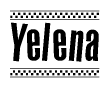 The image is a black and white clipart of the text Yelena in a bold, italicized font. The text is bordered by a dotted line on the top and bottom, and there are checkered flags positioned at both ends of the text, usually associated with racing or finishing lines.