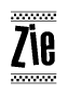 The image contains the text Zie in a bold, stylized font, with a checkered flag pattern bordering the top and bottom of the text.