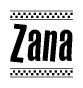 The image is a black and white clipart of the text Zana in a bold, italicized font. The text is bordered by a dotted line on the top and bottom, and there are checkered flags positioned at both ends of the text, usually associated with racing or finishing lines.