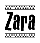 The image contains the text Zara in a bold, stylized font, with a checkered flag pattern bordering the top and bottom of the text.