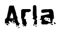 This nametag says Arla, and has a static looking effect at the bottom of the words. The words are in a stylized font.