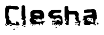 This nametag says Clesha, and has a static looking effect at the bottom of the words. The words are in a stylized font.