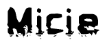 This nametag says Micie, and has a static looking effect at the bottom of the words. The words are in a stylized font.