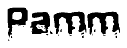 This nametag says Pamm, and has a static looking effect at the bottom of the words. The words are in a stylized font.