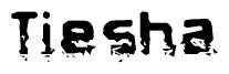 This nametag says Tiesha, and has a static looking effect at the bottom of the words. The words are in a stylized font.