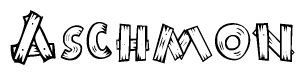 The image contains the name Aschmon written in a decorative, stylized font with a hand-drawn appearance. The lines are made up of what appears to be planks of wood, which are nailed together