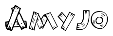 The image contains the name Amyjo written in a decorative, stylized font with a hand-drawn appearance. The lines are made up of what appears to be planks of wood, which are nailed together
