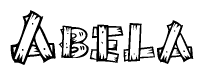 The image contains the name Abela written in a decorative, stylized font with a hand-drawn appearance. The lines are made up of what appears to be planks of wood, which are nailed together