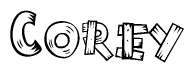 The image contains the name Corey written in a decorative, stylized font with a hand-drawn appearance. The lines are made up of what appears to be planks of wood, which are nailed together