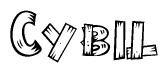 The image contains the name Cybil written in a decorative, stylized font with a hand-drawn appearance. The lines are made up of what appears to be planks of wood, which are nailed together