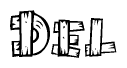 The clipart image shows the name Del stylized to look as if it has been constructed out of wooden planks or logs. Each letter is designed to resemble pieces of wood.