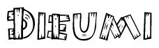 The image contains the name Dieumi written in a decorative, stylized font with a hand-drawn appearance. The lines are made up of what appears to be planks of wood, which are nailed together