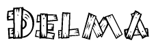 The image contains the name Delma written in a decorative, stylized font with a hand-drawn appearance. The lines are made up of what appears to be planks of wood, which are nailed together