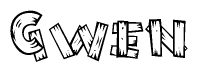 The image contains the name Gwen written in a decorative, stylized font with a hand-drawn appearance. The lines are made up of what appears to be planks of wood, which are nailed together