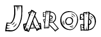The image contains the name Jarod written in a decorative, stylized font with a hand-drawn appearance. The lines are made up of what appears to be planks of wood, which are nailed together