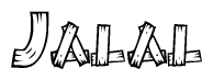 The image contains the name Jalal written in a decorative, stylized font with a hand-drawn appearance. The lines are made up of what appears to be planks of wood, which are nailed together