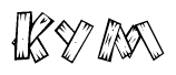 The clipart image shows the name Kym stylized to look like it is constructed out of separate wooden planks or boards, with each letter having wood grain and plank-like details.