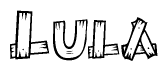 The image contains the name Lula written in a decorative, stylized font with a hand-drawn appearance. The lines are made up of what appears to be planks of wood, which are nailed together