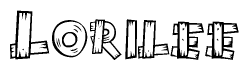 The image contains the name Lorilee written in a decorative, stylized font with a hand-drawn appearance. The lines are made up of what appears to be planks of wood, which are nailed together