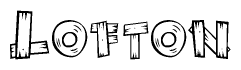 The clipart image shows the name Lofton stylized to look as if it has been constructed out of wooden planks or logs. Each letter is designed to resemble pieces of wood.