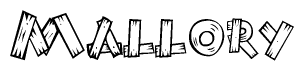 The clipart image shows the name Mallory stylized to look as if it has been constructed out of wooden planks or logs. Each letter is designed to resemble pieces of wood.