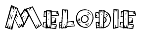 The image contains the name Melodie written in a decorative, stylized font with a hand-drawn appearance. The lines are made up of what appears to be planks of wood, which are nailed together