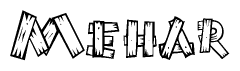 The image contains the name Mehar written in a decorative, stylized font with a hand-drawn appearance. The lines are made up of what appears to be planks of wood, which are nailed together