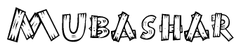 The image contains the name Mubashar written in a decorative, stylized font with a hand-drawn appearance. The lines are made up of what appears to be planks of wood, which are nailed together