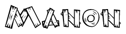 The clipart image shows the name Manon stylized to look like it is constructed out of separate wooden planks or boards, with each letter having wood grain and plank-like details.