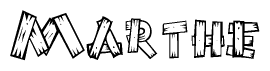 The clipart image shows the name Marthe stylized to look as if it has been constructed out of wooden planks or logs. Each letter is designed to resemble pieces of wood.