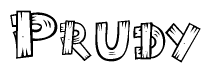 The clipart image shows the name Prudy stylized to look like it is constructed out of separate wooden planks or boards, with each letter having wood grain and plank-like details.