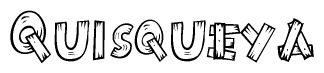 The image contains the name Quisqueya written in a decorative, stylized font with a hand-drawn appearance. The lines are made up of what appears to be planks of wood, which are nailed together