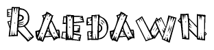 The image contains the name Raedawn written in a decorative, stylized font with a hand-drawn appearance. The lines are made up of what appears to be planks of wood, which are nailed together