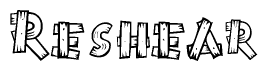 The image contains the name Reshear written in a decorative, stylized font with a hand-drawn appearance. The lines are made up of what appears to be planks of wood, which are nailed together