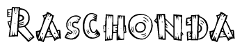 The image contains the name Raschonda written in a decorative, stylized font with a hand-drawn appearance. The lines are made up of what appears to be planks of wood, which are nailed together