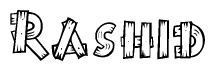 The image contains the name Rashid written in a decorative, stylized font with a hand-drawn appearance. The lines are made up of what appears to be planks of wood, which are nailed together