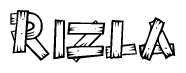 The image contains the name Rizla written in a decorative, stylized font with a hand-drawn appearance. The lines are made up of what appears to be planks of wood, which are nailed together