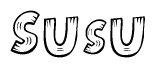 The clipart image shows the name Susu stylized to look as if it has been constructed out of wooden planks or logs. Each letter is designed to resemble pieces of wood.