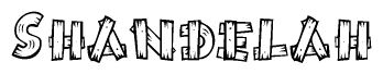 The image contains the name Shandelah written in a decorative, stylized font with a hand-drawn appearance. The lines are made up of what appears to be planks of wood, which are nailed together