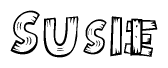 The clipart image shows the name Susie stylized to look as if it has been constructed out of wooden planks or logs. Each letter is designed to resemble pieces of wood.
