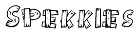 The image contains the name Spekkies written in a decorative, stylized font with a hand-drawn appearance. The lines are made up of what appears to be planks of wood, which are nailed together