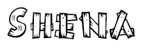 The image contains the name Shena written in a decorative, stylized font with a hand-drawn appearance. The lines are made up of what appears to be planks of wood, which are nailed together