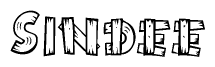 The image contains the name Sindee written in a decorative, stylized font with a hand-drawn appearance. The lines are made up of what appears to be planks of wood, which are nailed together