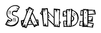 The image contains the name Sande written in a decorative, stylized font with a hand-drawn appearance. The lines are made up of what appears to be planks of wood, which are nailed together