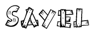The clipart image shows the name Sayel stylized to look as if it has been constructed out of wooden planks or logs. Each letter is designed to resemble pieces of wood.